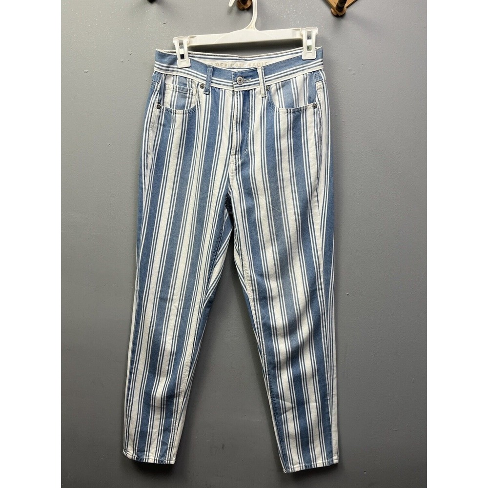 American Eagle Jeans Womens 2 Blue White Mom Striped‎ High Rise Tapered Cotton